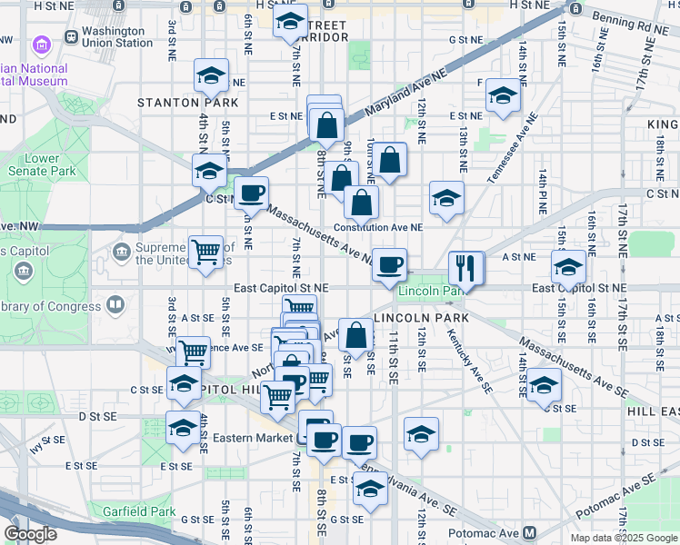 map of restaurants, bars, coffee shops, grocery stores, and more near 18 9th Street Northeast in Washington