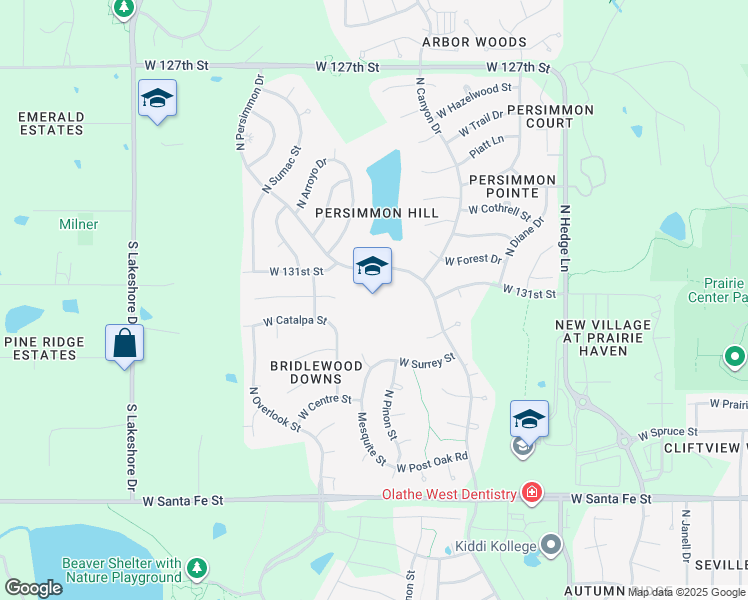 map of restaurants, bars, coffee shops, grocery stores, and more near 629 North Persimmon Drive in Olathe