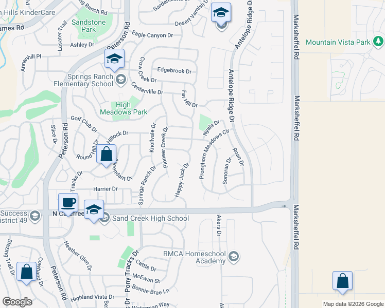 map of restaurants, bars, coffee shops, grocery stores, and more near 4078 Happy Jack Drive in Colorado Springs