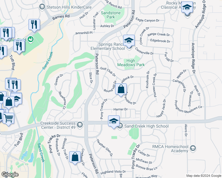 map of restaurants, bars, coffee shops, grocery stores, and more near 4159 Round Hill Drive in Colorado Springs