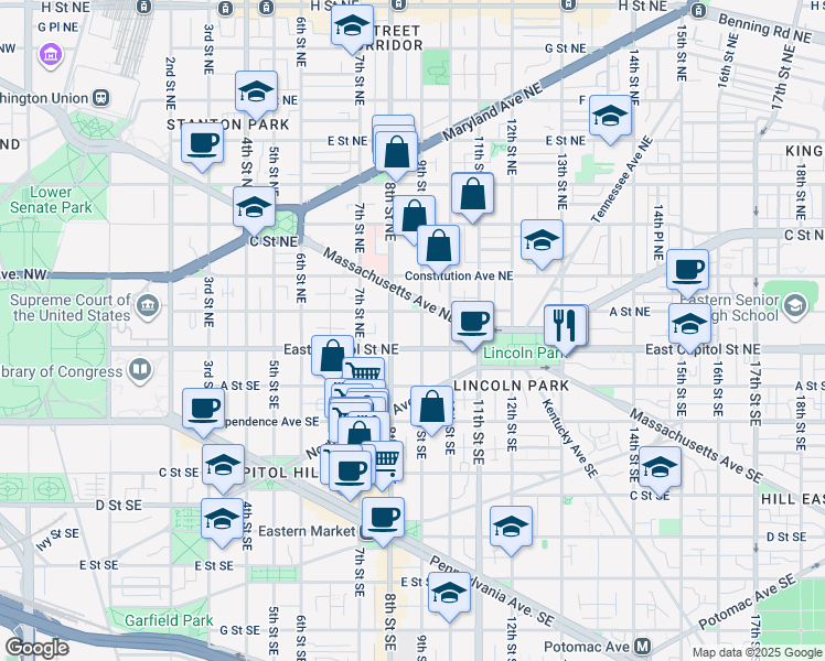 map of restaurants, bars, coffee shops, grocery stores, and more near 18 9th Street Northeast in Washington