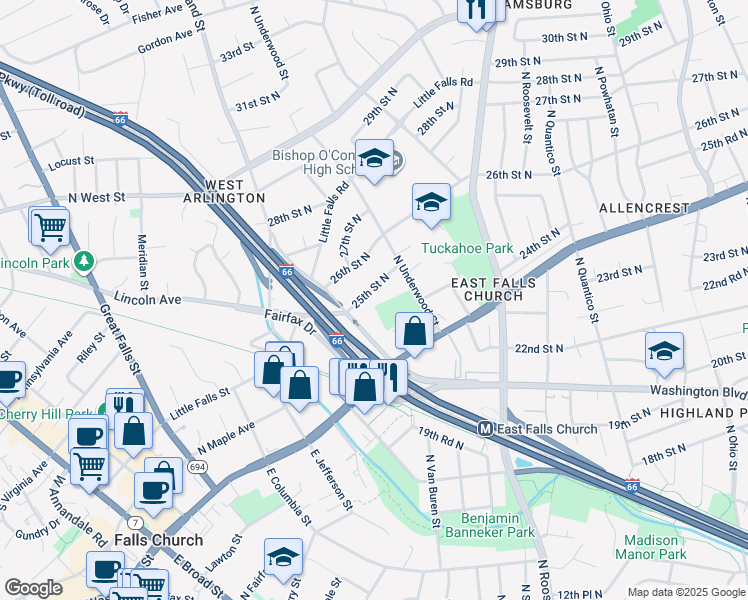 map of restaurants, bars, coffee shops, grocery stores, and more near 6740 25th Street North in Arlington