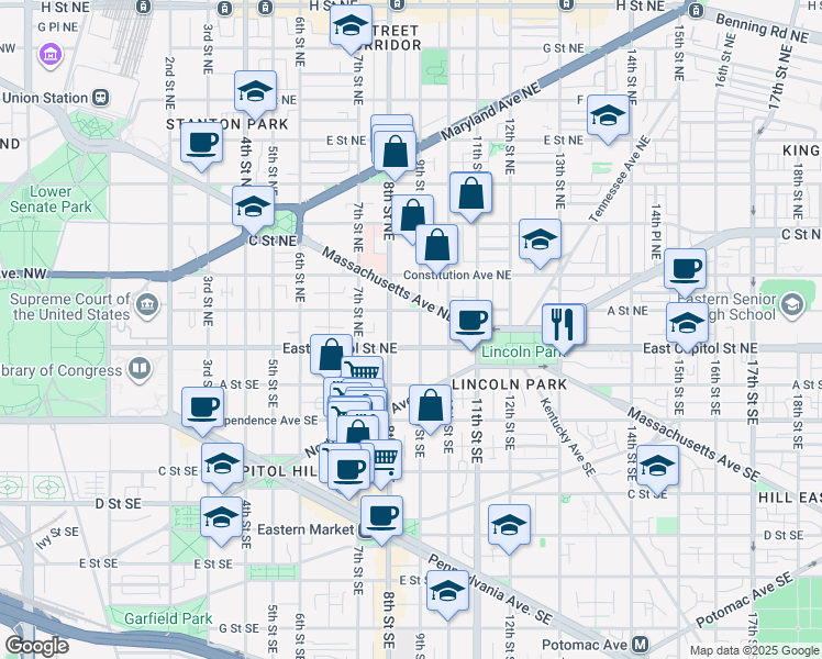 map of restaurants, bars, coffee shops, grocery stores, and more near 101 Independence Avenue Southeast in Washington