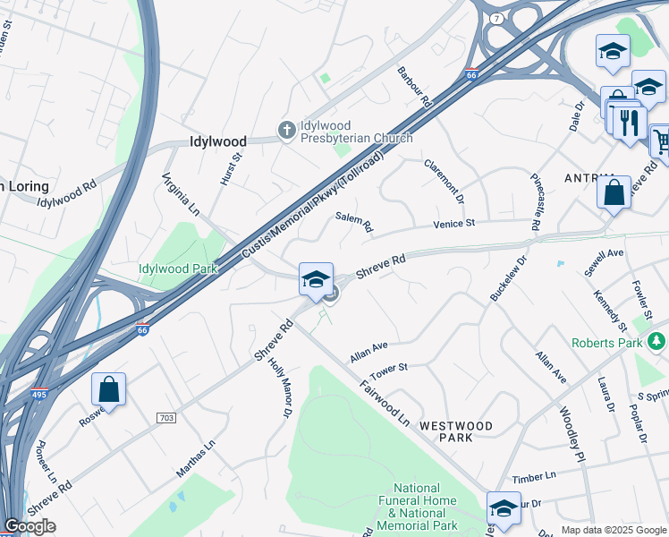 map of restaurants, bars, coffee shops, grocery stores, and more near 7600 Virginia Lane in Falls Church