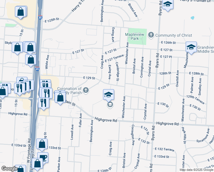 map of restaurants, bars, coffee shops, grocery stores, and more near 6705 East 129 Street in Grandview
