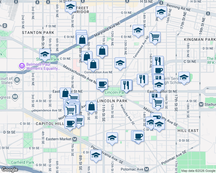 map of restaurants, bars, coffee shops, grocery stores, and more near 1130-1198 East Capitol St NE in Washington
