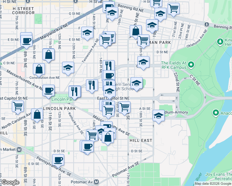 map of restaurants, bars, coffee shops, grocery stores, and more near 101 Independence Avenue Southeast in Washington