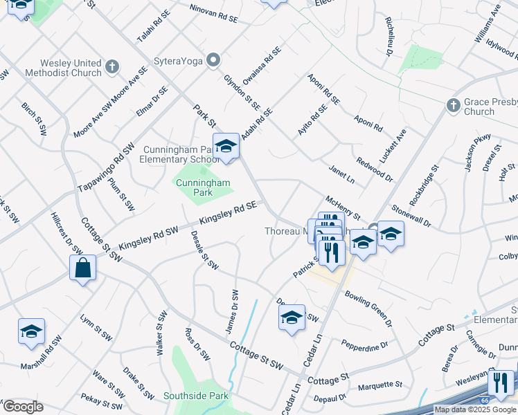 map of restaurants, bars, coffee shops, grocery stores, and more near 1101 Park Street in Vienna