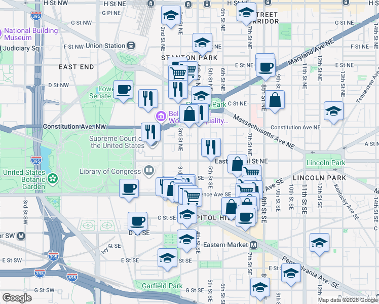 map of restaurants, bars, coffee shops, grocery stores, and more near Millers Court Northeast in Washington