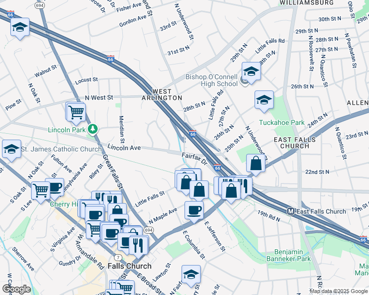 map of restaurants, bars, coffee shops, grocery stores, and more near 2601 North Westmoreland Street in Arlington