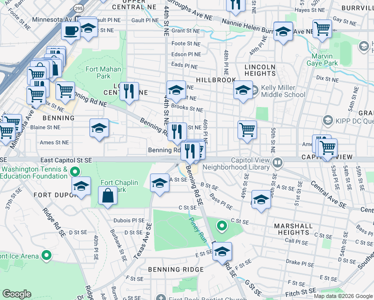map of restaurants, bars, coffee shops, grocery stores, and more near 4500 Benning Road Northeast in Washington
