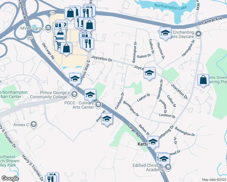 map of restaurants, bars, coffee shops, grocery stores, and more near 10703 Castleton Turn in Upper Marlboro