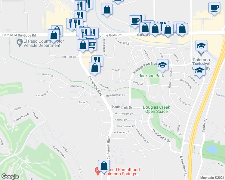 map of restaurants, bars, coffee shops, grocery stores, and more near 4022 Star View in Colorado Springs