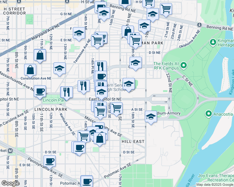 map of restaurants, bars, coffee shops, grocery stores, and more near 101 Independence Avenue Southeast in Washington