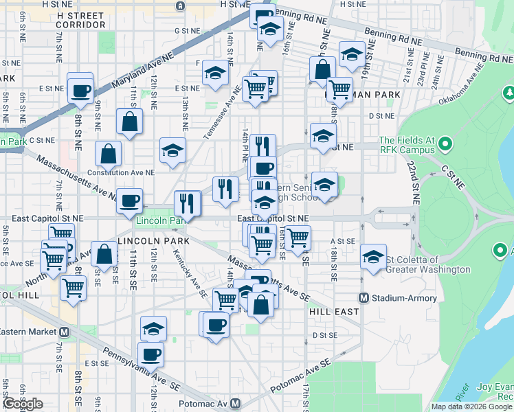 map of restaurants, bars, coffee shops, grocery stores, and more near 101 Independence Avenue Southeast in Washington