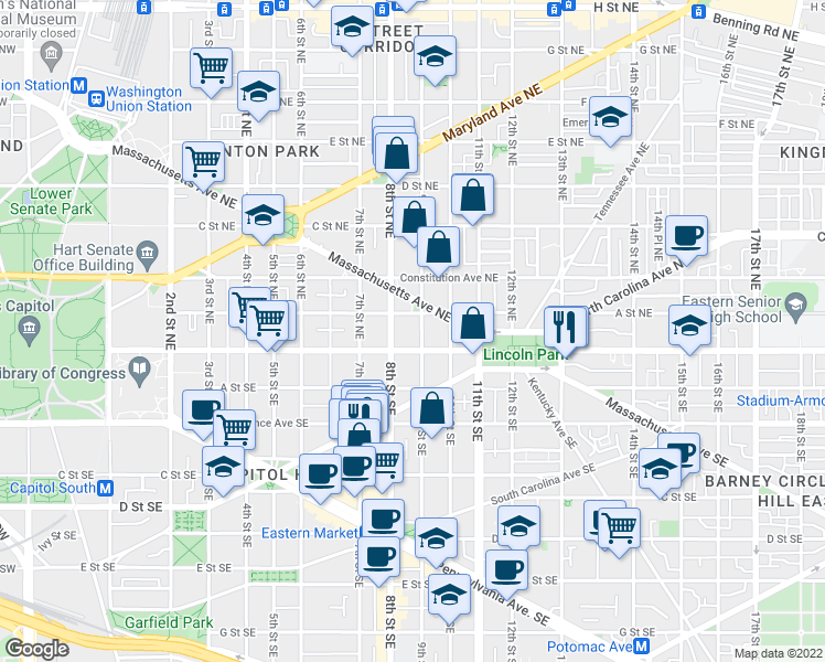 map of restaurants, bars, coffee shops, grocery stores, and more near 101 Independence Avenue Southeast in Washington