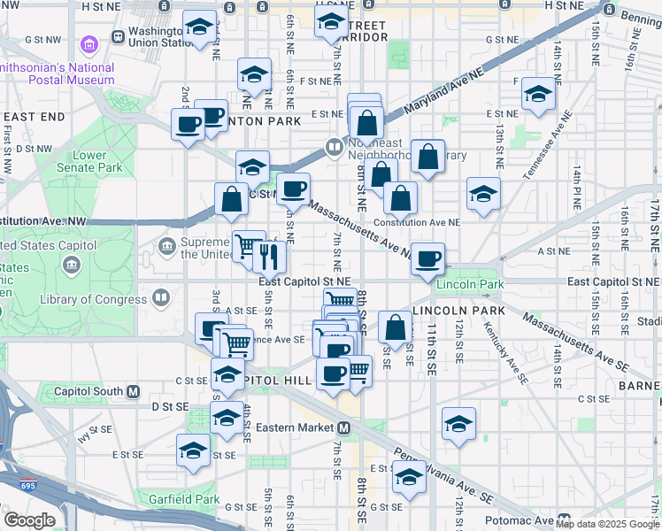 map of restaurants, bars, coffee shops, grocery stores, and more near 101 Independence Avenue Southeast in Washington