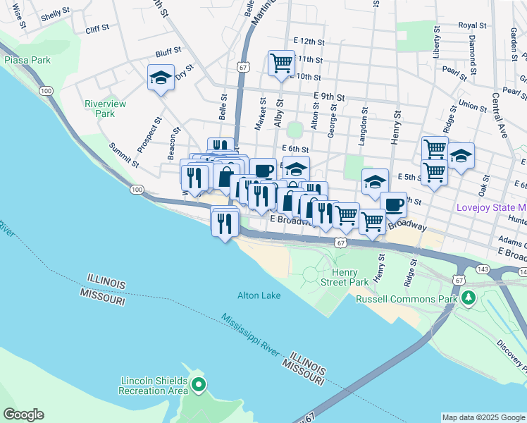 map of restaurants, bars, coffee shops, grocery stores, and more near in Alton