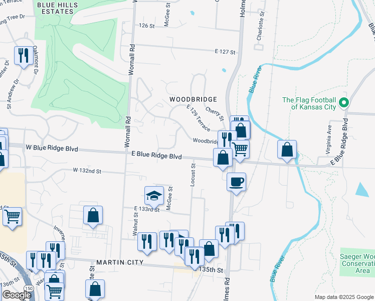 map of restaurants, bars, coffee shops, grocery stores, and more near 420 East Blue Ridge Boulevard in Kansas City