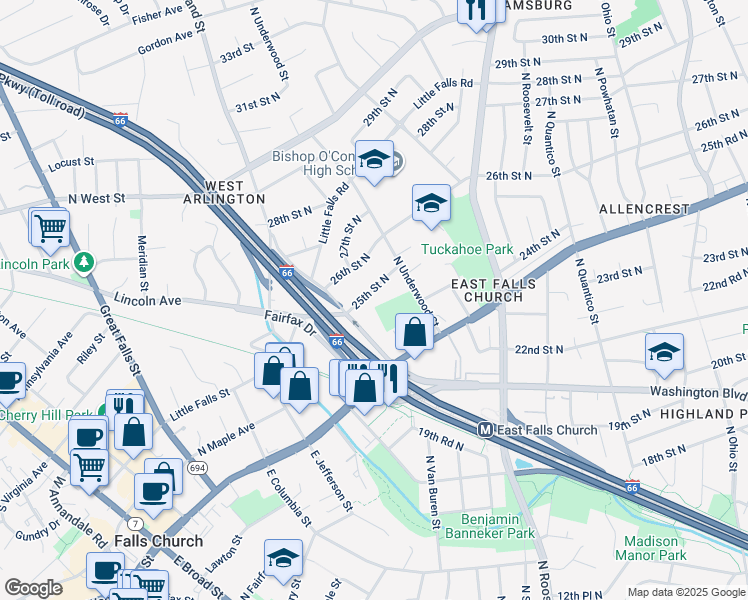 map of restaurants, bars, coffee shops, grocery stores, and more near 6740 25th Street North in Arlington