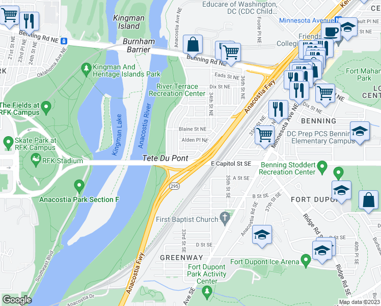 map of restaurants, bars, coffee shops, grocery stores, and more near 3329 Ames Street Northeast in Washington
