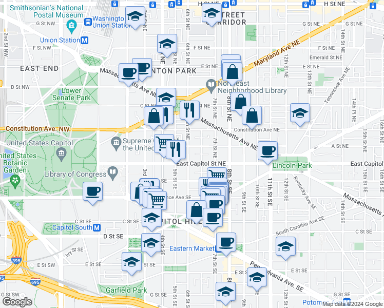 map of restaurants, bars, coffee shops, grocery stores, and more near 15 6th Street Northeast in Washington