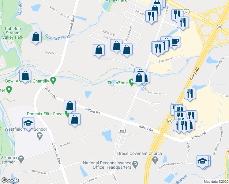 map of restaurants, bars, coffee shops, grocery stores, and more near 14558 Lee Rd in Chantilly