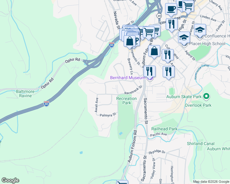 map of restaurants, bars, coffee shops, grocery stores, and more near 110 Dorer Drive in Auburn