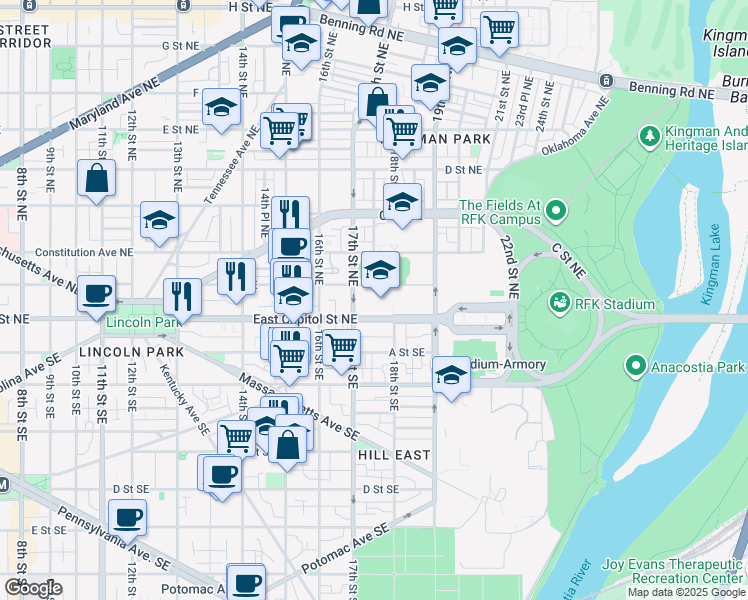 map of restaurants, bars, coffee shops, grocery stores, and more near 1730 East Capitol Street Southeast in Washington