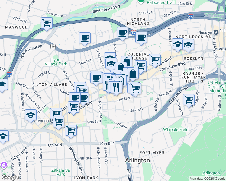 map of restaurants, bars, coffee shops, grocery stores, and more near 2250 Clarendon Boulevard in Arlington