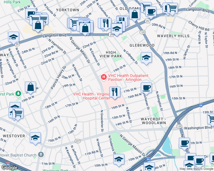 map of restaurants, bars, coffee shops, grocery stores, and more near 1715 North George Mason Drive in Arlington