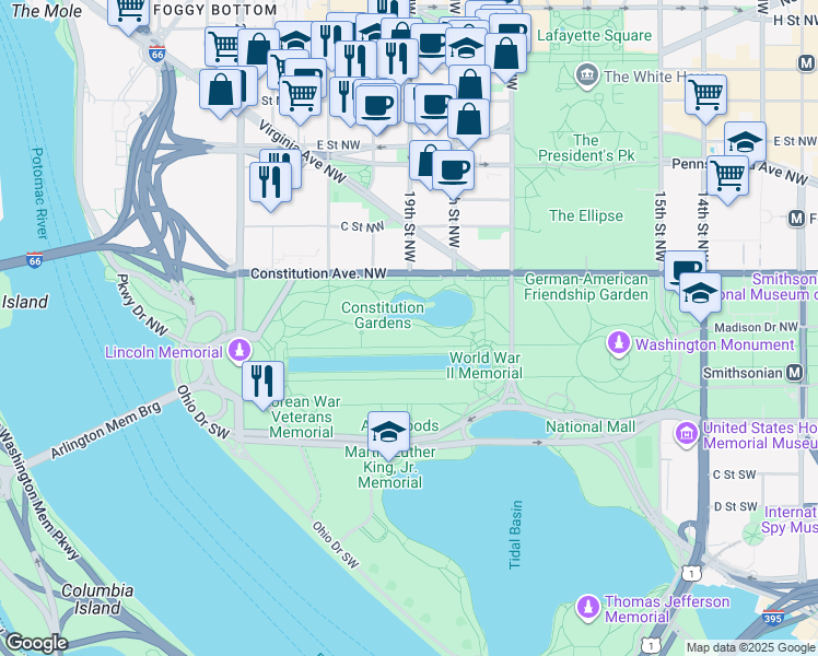 map of restaurants, bars, coffee shops, grocery stores, and more near in Washington