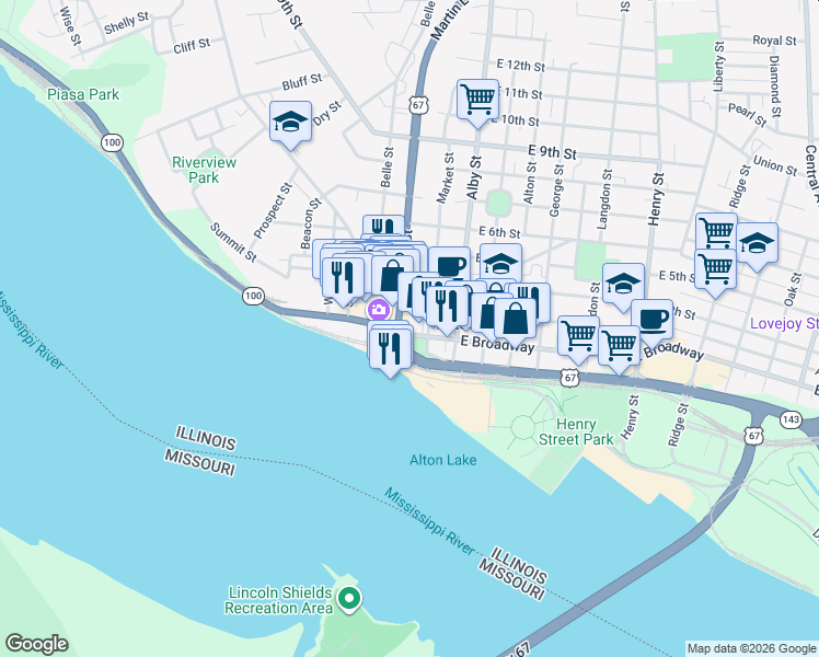 map of restaurants, bars, coffee shops, grocery stores, and more near 20 East Broadway in Alton