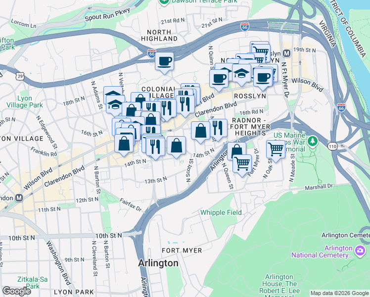 map of restaurants, bars, coffee shops, grocery stores, and more near 1419 North Scott Street in Arlington