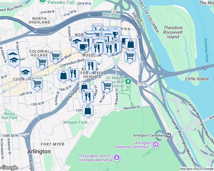 map of restaurants, bars, coffee shops, grocery stores, and more near 1401 North Oak Court in Arlington