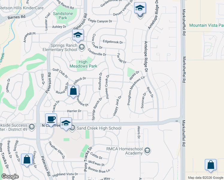 map of restaurants, bars, coffee shops, grocery stores, and more near 4119 Happy Jack Drive in Colorado Springs