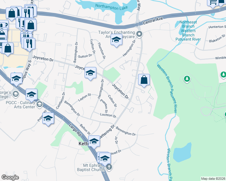 map of restaurants, bars, coffee shops, grocery stores, and more near 11231 Joyceton Drive in Upper Marlboro