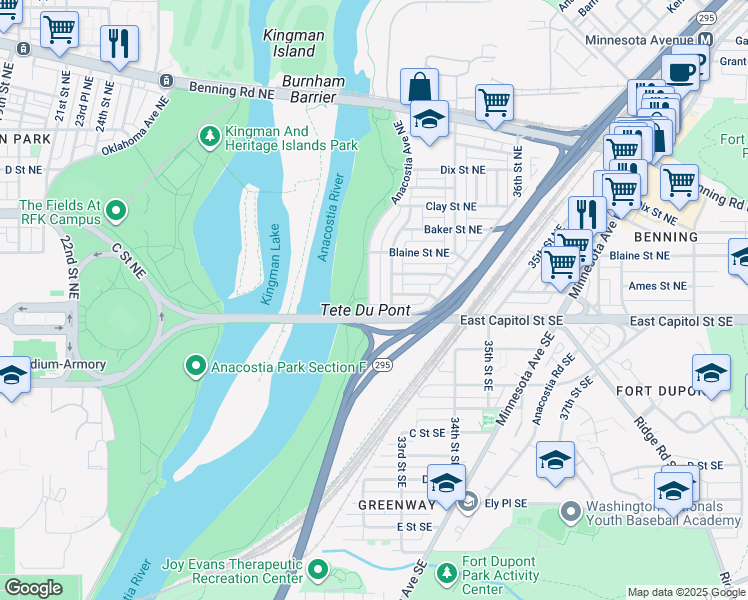 map of restaurants, bars, coffee shops, grocery stores, and more near 15 Anacostia Avenue Northeast in Washington