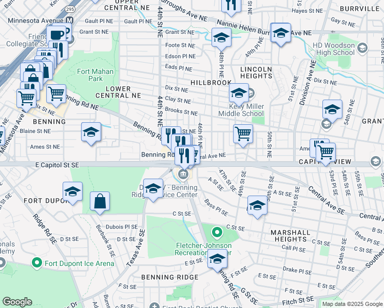 map of restaurants, bars, coffee shops, grocery stores, and more near 27 46th Street Northeast in Washington