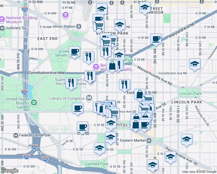 map of restaurants, bars, coffee shops, grocery stores, and more near 101 Independence Avenue Southeast in Washington