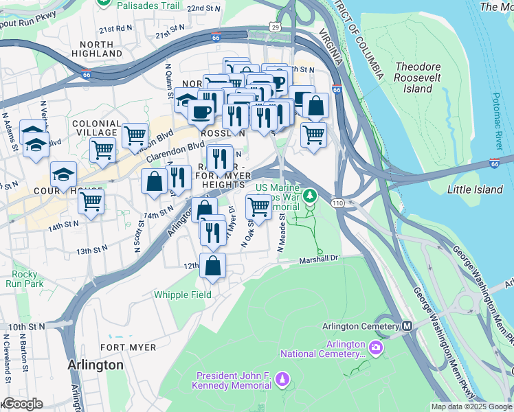 map of restaurants, bars, coffee shops, grocery stores, and more near 1401 North Oak Street in Arlington
