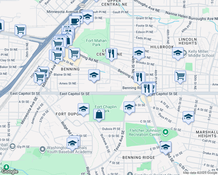 map of restaurants, bars, coffee shops, grocery stores, and more near 4202 East Capitol Street Northeast in Washington