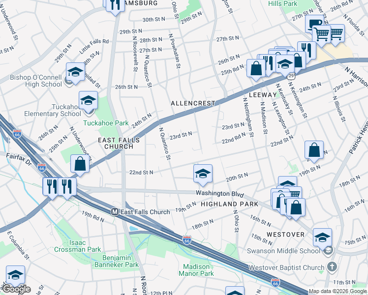 map of restaurants, bars, coffee shops, grocery stores, and more near 6235 22nd Road North in Arlington