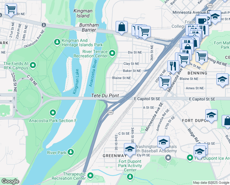 map of restaurants, bars, coffee shops, grocery stores, and more near 3303 Ames Street Northeast in Washington