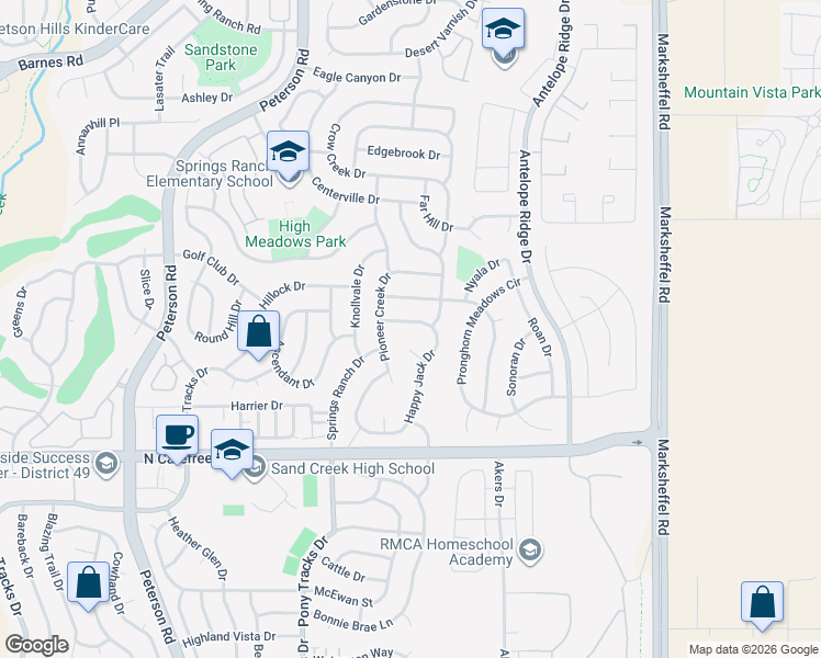 map of restaurants, bars, coffee shops, grocery stores, and more near 4107 Happy Jack Drive in Colorado Springs