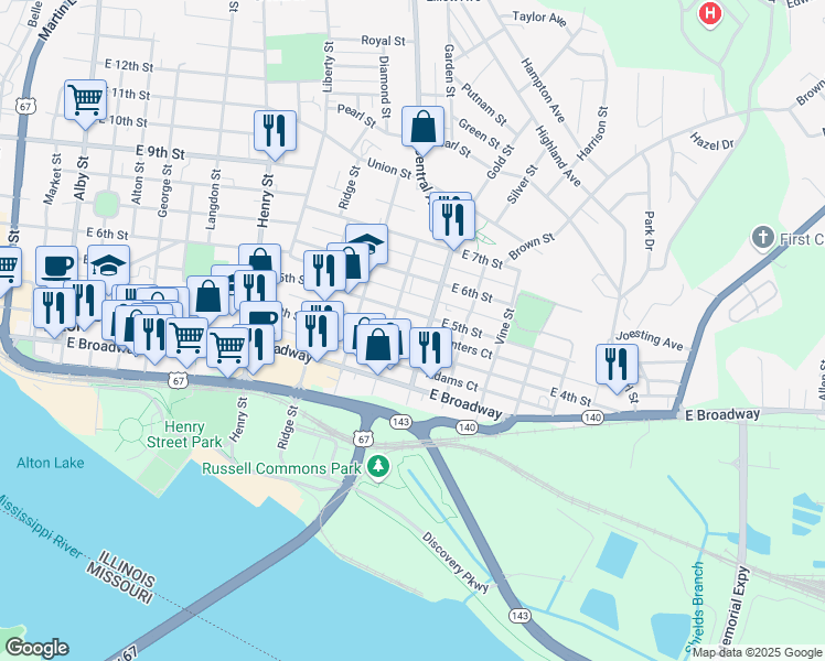 map of restaurants, bars, coffee shops, grocery stores, and more near 915 East 5th Street in Alton
