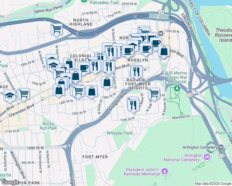 map of restaurants, bars, coffee shops, grocery stores, and more near 14th St N & N Quinn St in Arlington