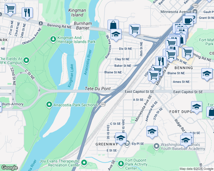 map of restaurants, bars, coffee shops, grocery stores, and more near 3303 Ames Street Northeast in Washington