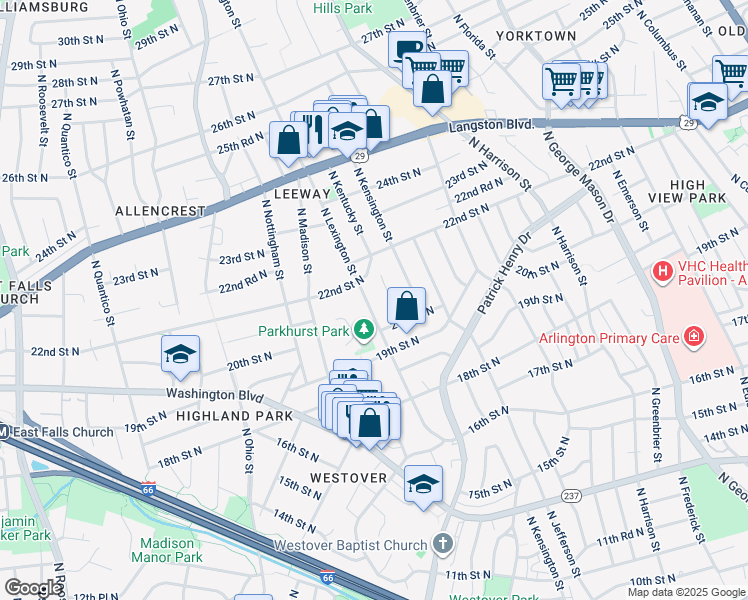 map of restaurants, bars, coffee shops, grocery stores, and more near 2027 North Lexington Street in Arlington