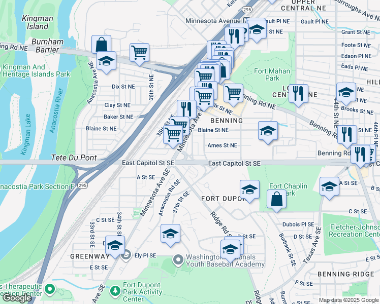map of restaurants, bars, coffee shops, grocery stores, and more near 18 Anacostia Road Northeast in Washington